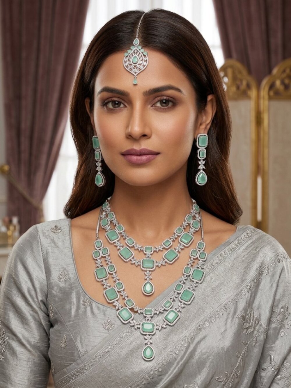 Elegant Multi-Layered Necklace and Earring Set with Faux Mint Green Gemstones an